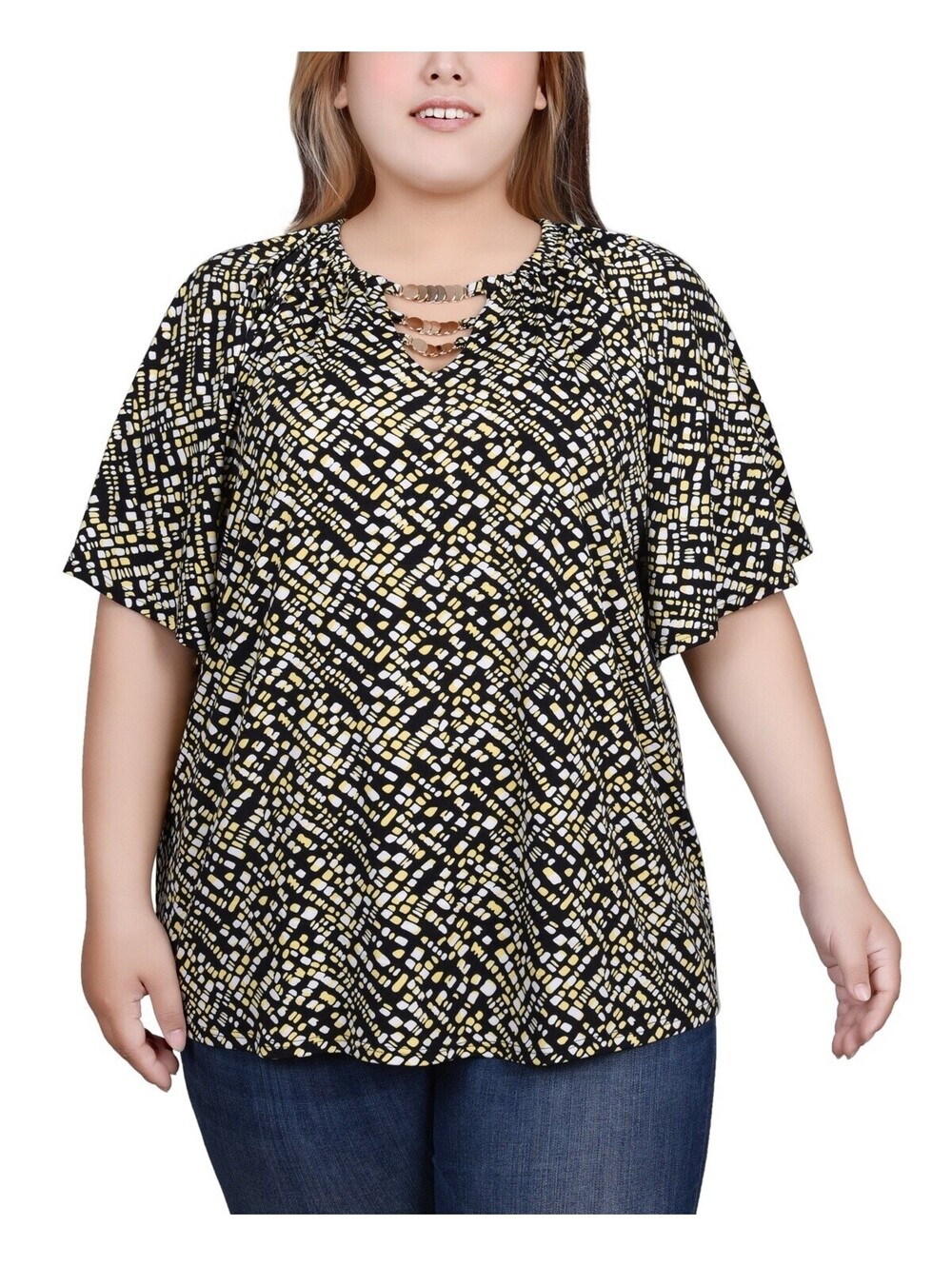 NY Collection Plus Size Raglan Black Samoan Sun Abstract 2X